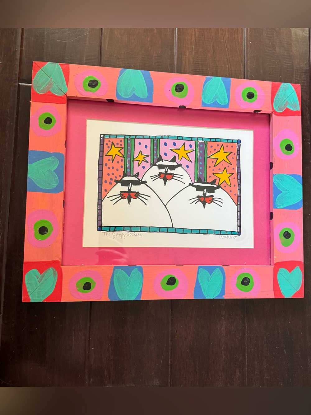 Martha Wahlert The Jazzy Society cats with hand painted frame 14.25”x17.5” 90s